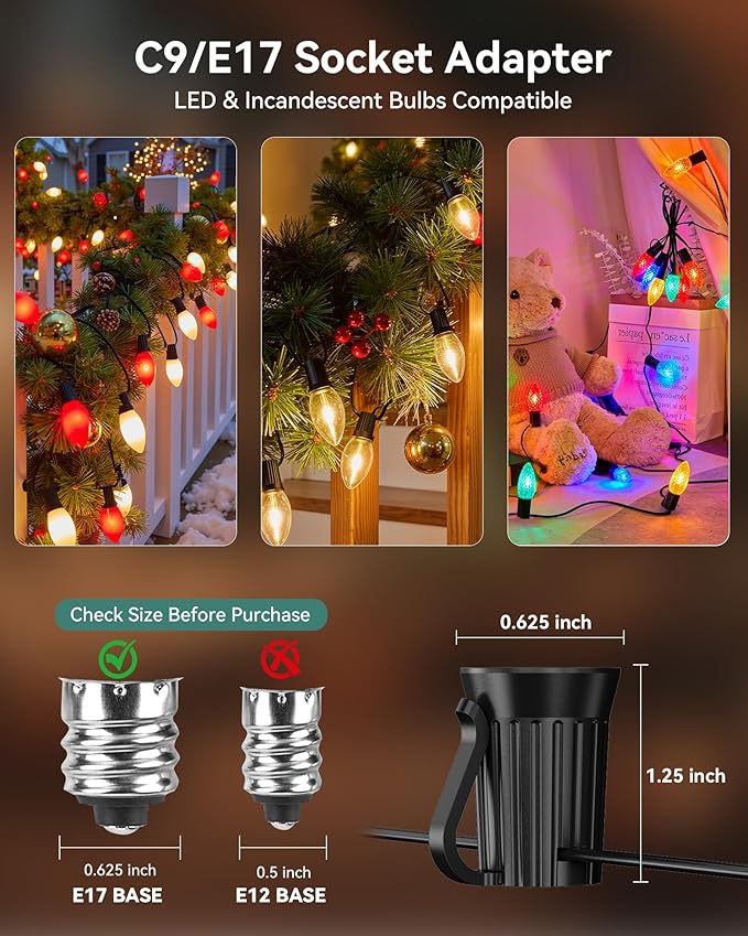 Brightown Commercial 250 FT C9/E17 Christmas Stringer Bulk Reel C9 Light Sockets Set Spool with 12 Spacing UL Listed Christmas Roof Lights Cord SPT-1 8-Awg Black