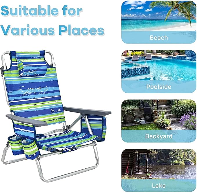 Goplus Beach Chair Folding Backpack Beach Chairs for Adults with 5 Positions Head Pillow Cooler Bag Towel Bar Cup Holders Sunbath Sling Tanning Lounge Foldable Layout Camping Chairs
