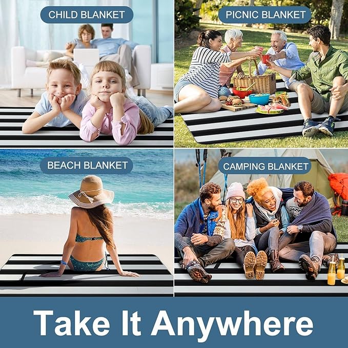 Black and-White Stripes Beach BlanketPortable Waterproof Picnic Blanket58.3''x 58.3'' Extra Large Picnic Mat for BeachCamping Grass Lawn Park Accessorie for Festival BBQ