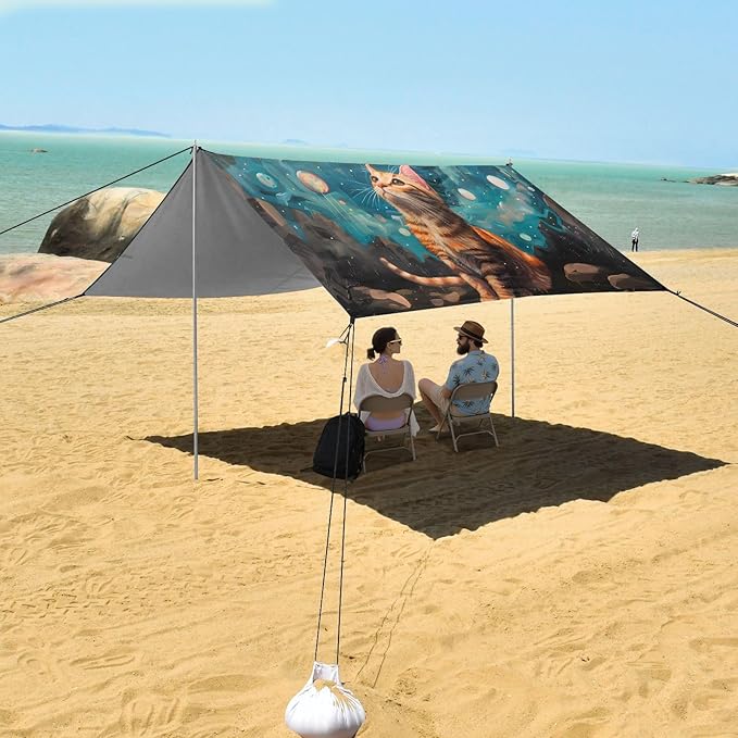 ALAZA Cat Kitten Starry Sky Beach Tent Sun Shelter UPF50+ Protection Beach Shade Canopy w/ 4 Sandbags for Outdoor Camping Fishing Backyard Fun Picnic 10x9 ft