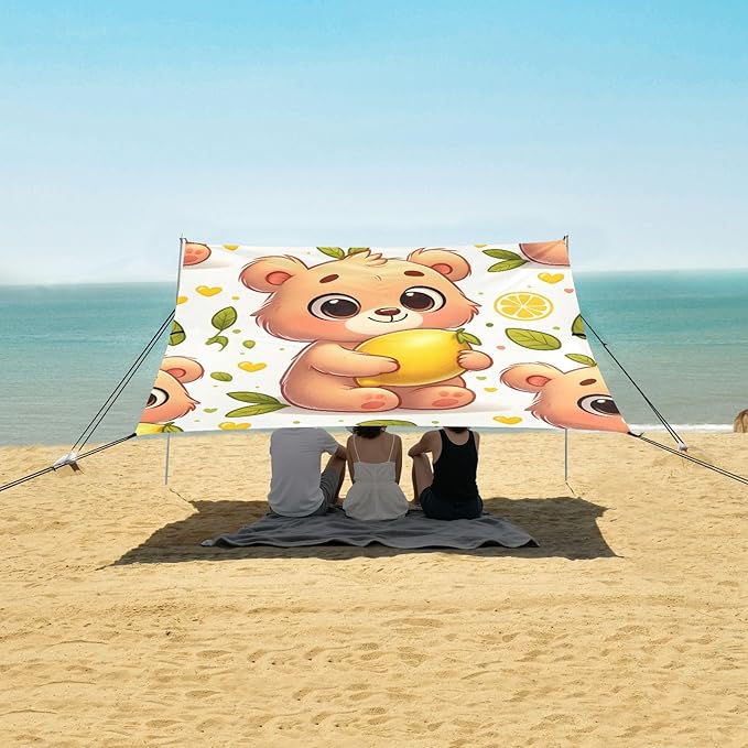 Cartoon Bear Camping Sun Shelter Beach Tent Portable Beach Sun Shade Outdoor Canopy for Camping Trips Fishing Picnic