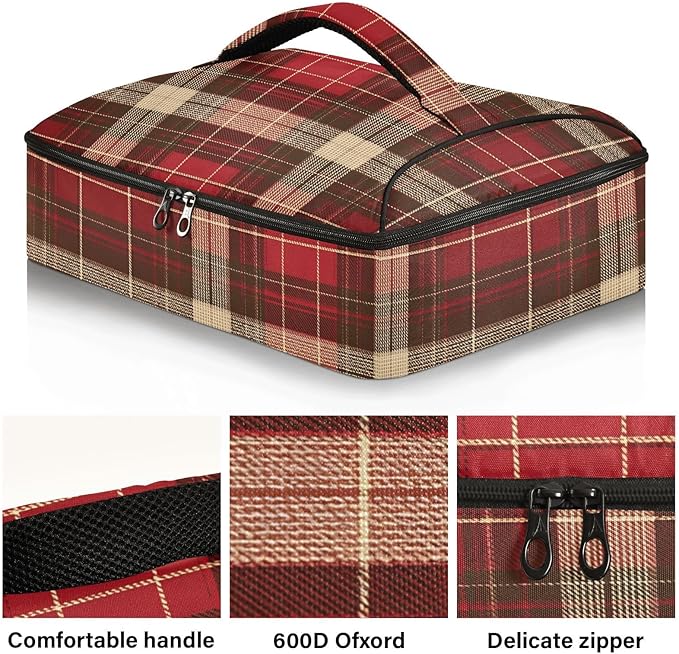 Casserole Carrier Red and Brown Tartan Insulated Casserole Carrier for Hot or Cold Food Thermal Lunch Tote for Parties Picnic Travel Carry Bag