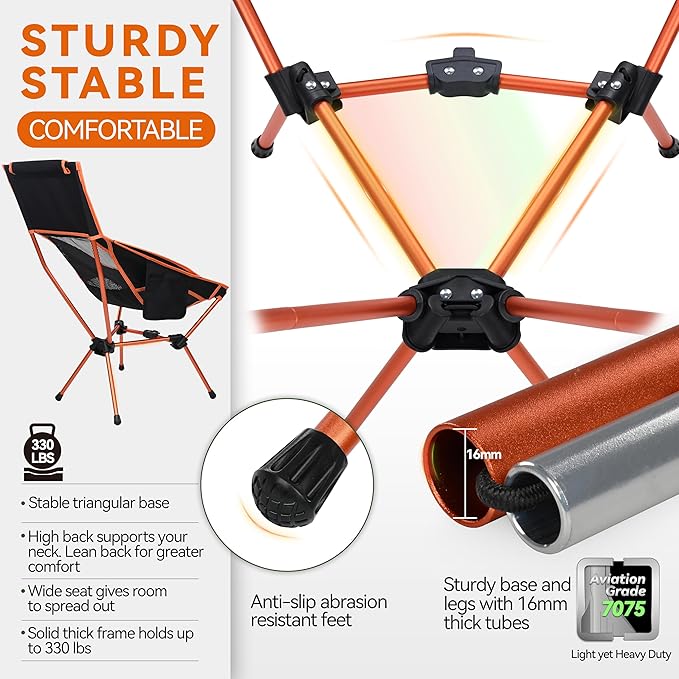 MARCHWAY Lightweight Folding High Back Camping Chair with Head Support Stable Portable Compact for Outdoor Camp Travel Beach Picnic Festival Hiking Backpacking (Highback Orange)