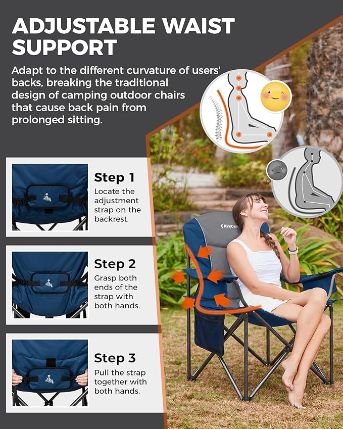 KingCamp Oversized Camping Folding Chair Heavy Duty 450 LBS with Lumbar Support Padded seat with Cup Holder&ampCooler Bag Ideal for Camp Fishing Sports Event Backyard Patio Lawn(Blue/MediumGr