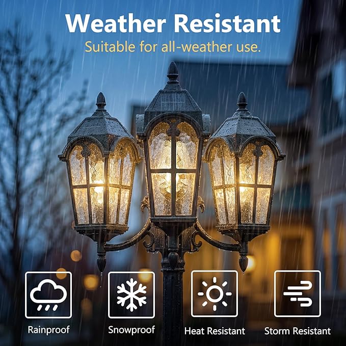 Emliviar 82.7 3-Head Outdoor Solar Lamp Street Lights Dusk to Dawn Post Lighting for Driveway Garden LED Exterior Black Pole Light with Water Grain Glass YXE302PL-3 SL BK