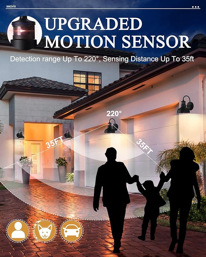 2Pack 7” Motion Sensor Outdoor Wall Light Outdoor Light Fixture Dusk to Dawn E26 Base Socket IP65 Waterproof Outside Porch Lights for Garage Porch 2210SBK(G)-2