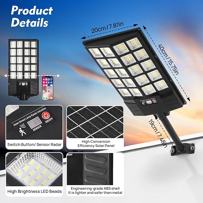 Solar Flood Lights Outdoor Waterproof Motion Sensor Street Light with Remote Control Dusk to Dawn Security Lighting for Commercial Parking Lot Yard (4 Pack)
