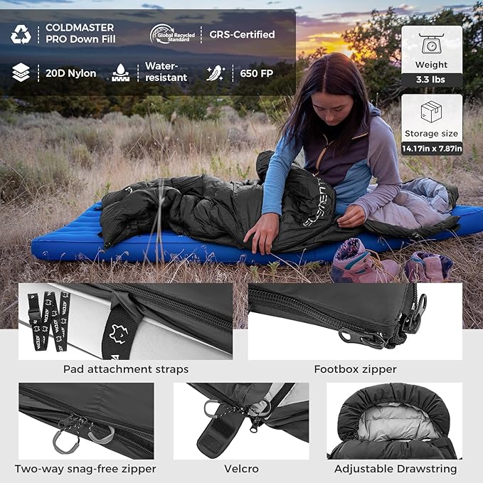 ATEPA 3-in-1 Hybrid Down Sleeping Bag for Adults Lightweight 3 Season Wearable Backpacking Sleeping Bag with Pad Attachment &amp Compact Compression Sack for Spring Summer Fall Car Camping 30°F 45°F