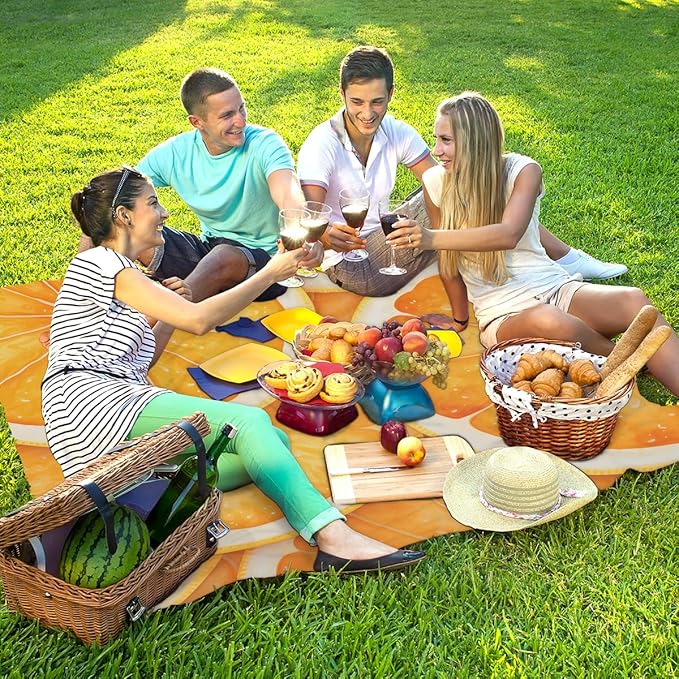 Waterproof Sandproof Beach Blanket 59''×68'' Fruit Polyester Outdoor Picnic Blanket with 4 Stakes &amp Storage Bag for BeachCampingVacation Lemon