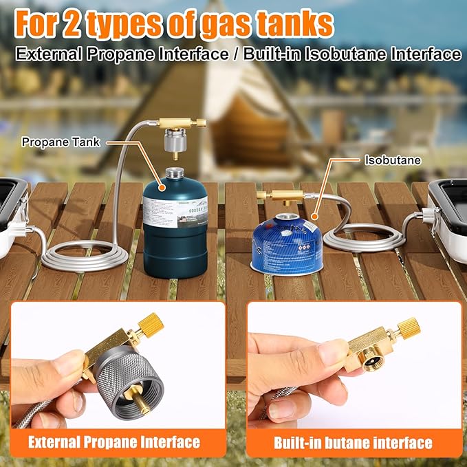 Hisencn Camping Stove2 Burner Propane Stove20000 BTU/h Camping Cooking set Includes Frying PanKettle and PotAdjustable Burners &amp Piezo IgnitionPortable stove for camping OutdoorWhite