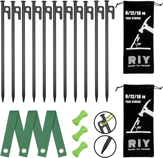 RIY Tent Stakes Heavy Duty 8Pcs 12 Inch Steel Tent Stakes with 3Pcs 12 Inch Tree Stakes Plant Support Stakes