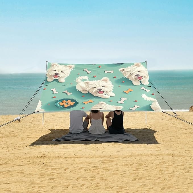 West Highland Terrier Beach Tent Sun Shelter 9.2' x 10.5' Beach Canopy with 4 Sandbags 4 Stability Poles Sand Shovels - Tent Canopy for Beach Camping Fishing Picnics