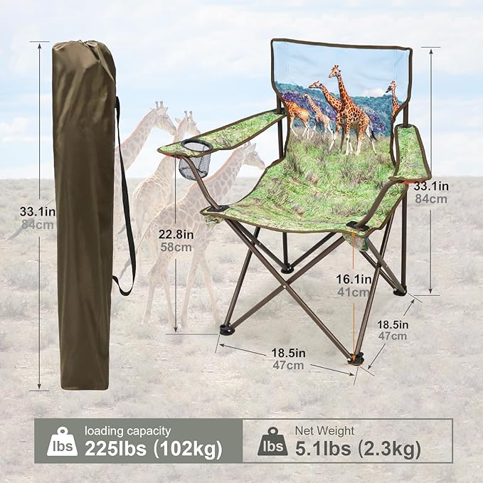 2 Pcs Animal Pattern Camping ChairFolding Backpacking Lightweight Beach Chair w/Cup HolderMesh Side PocketCarry BagPortable Lawn Chair for Adults Family Outdoor PartiesHikingGiraffes