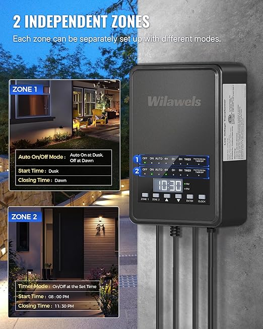 300W Low Voltage Landscape Transformer 2 Zone Independent Control 120VAC to 12/14V AC Low Voltage Transformer Landscape Lighting Transformer with Timer &amp Photocell Sensor ETL Listed D26LT06