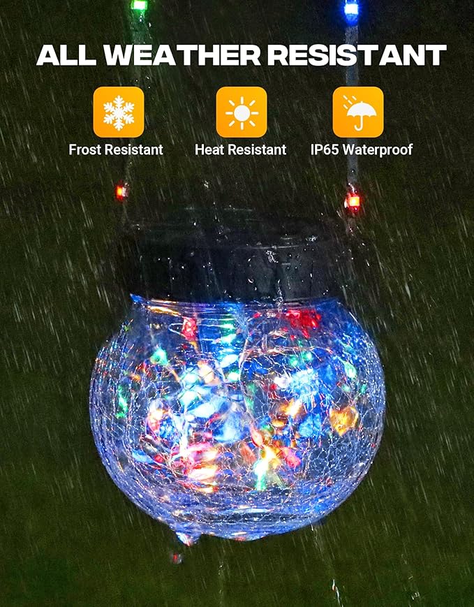 PARTPHONER Solar Lights Outdoor Waterproof 12-Pack Solar Powered Hanging Lantern Cracked Glass Hanging Globes for Yard Decor Christmas Decoration Shepherd Hook Garden Tree Ornaments RGB