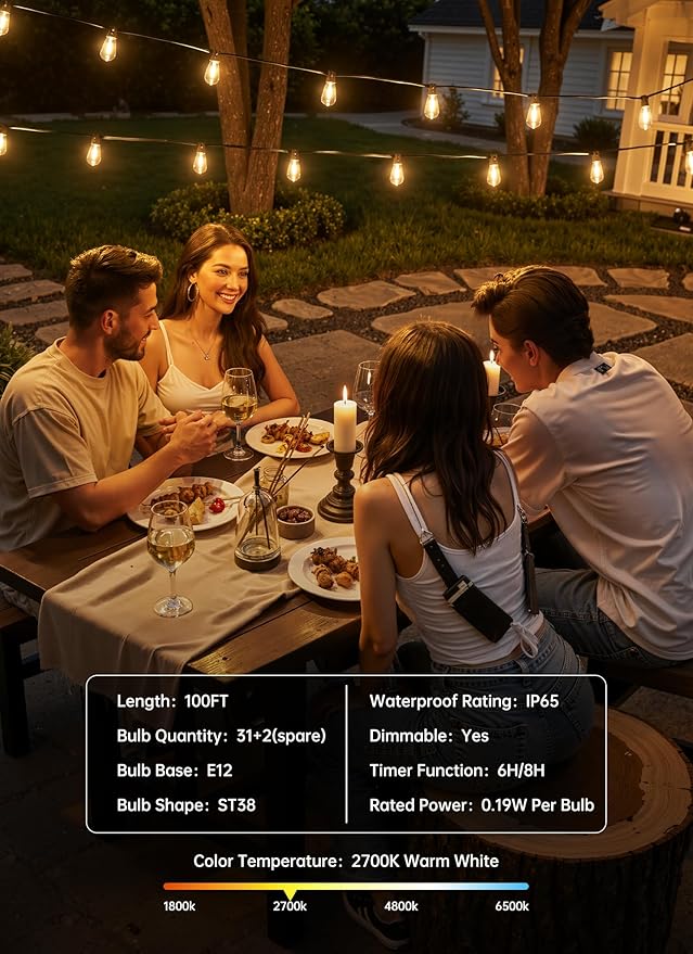 Minetom 100FT Outdoor-String-Lights with Remote 31+2 Shatterproof ST38 LED Bulbs Waterproof Patio Lights with 3 Modes Dimmable &amp Connectable 2700K Hanging Lights for Backyard Porch Deck Balcony