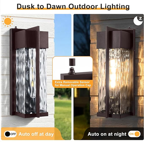 18IN Modern Exterior Lighting Fixtures(T300 Bulb Included) Dusk to Dawn Outdoor Lighting Waterproof Rippled Glass Wall Sconces Open Bottom Outside Lights for House Porch Garage(Bronze)