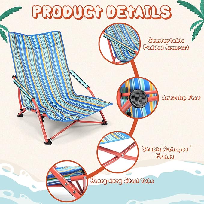 Wenqik 4 Pcs Low Seat Blue Plastic High Back Reclining Beach Chairs with Carry Bag Portable for Outdoor Beach Camping Lawn(Green)