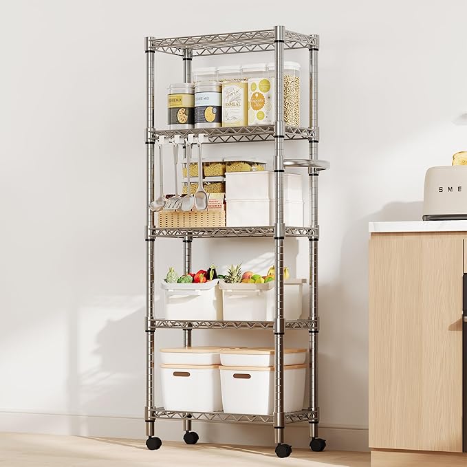 61-Inch Metal Storage Rack with Wheels 5-Tier Adjustable Wire Mesh Rack with Side Handles 24-Inch Wide Heavy-Duty Rolling Shelving Unit Easy to Assemble for Kitchens and Home Garages Silver