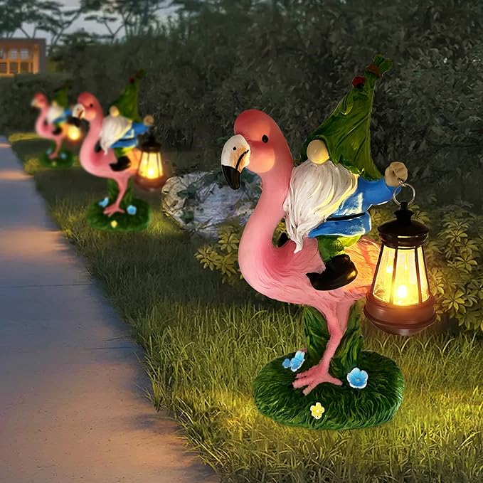Gnomes Flamingo with Solar Lantern Whimsical Decor for Garden Yard Patio Lawn LED Lights - Unique Gift for Women Mom Friends(Red Gnomes)