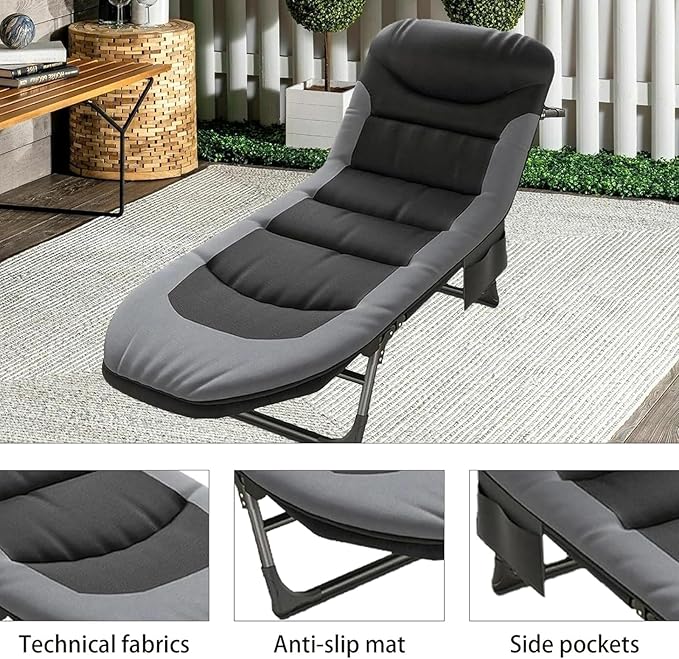 Folding Camping Cot Travel Cot with Adjustable Backrest und Side Pocket 450LBS Max Load Portable Cots for Adults Adult Cots for Sleeping for Outdoor Office Nap Beach Travel (Black)