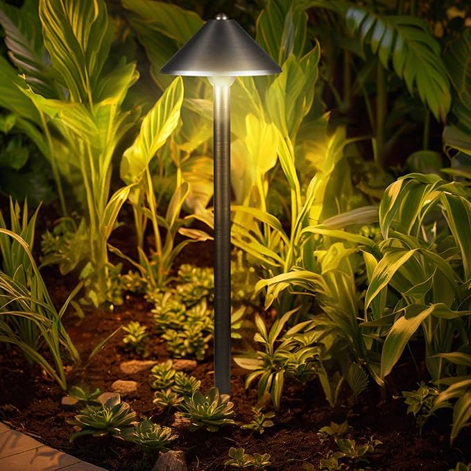 DOSHINE® Solid Brass Low Voltage Landscape Lighting Pathway Lights (7 Shade 22 Tall) with Replaceable 3W G4 LED Bulb 3000K AC/DC 12V and Ground Stake for Outdoor Walkway Driveway (UMB4-Pack)