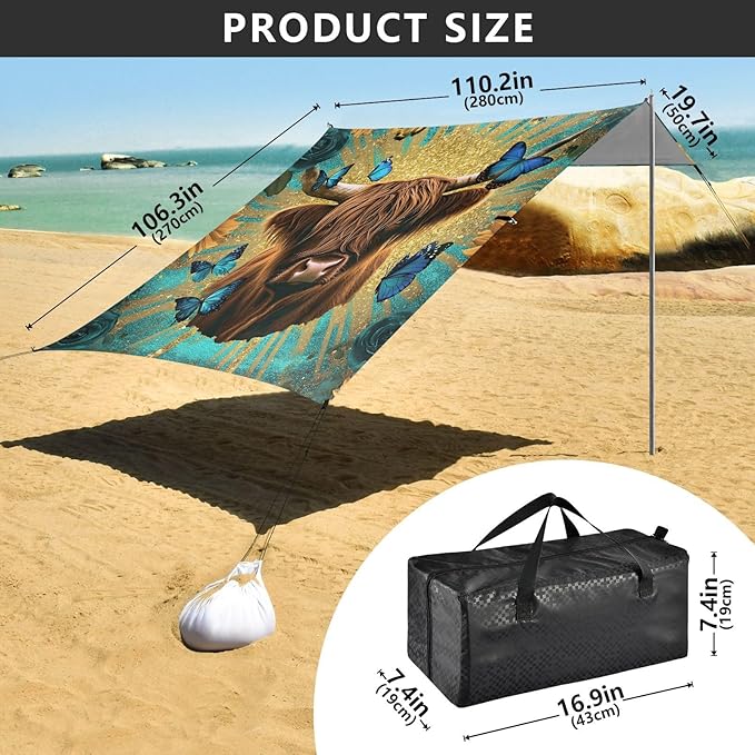 Beach Tent Sun Shelter Highland Cow Sunflowers Lightweight &amp Easy Setup Beach Shade Canopy for Camping Fishing