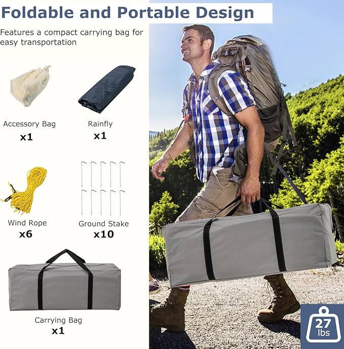 Tangkula 6/8/10-Person Camping Tent with Porch Large Family Cabin Tent with 2 Rooms 2 Doors 2 Mesh Windows Removable Rainfly Carrying Bag Double Layer Tents for Camping Picnic Outdoor