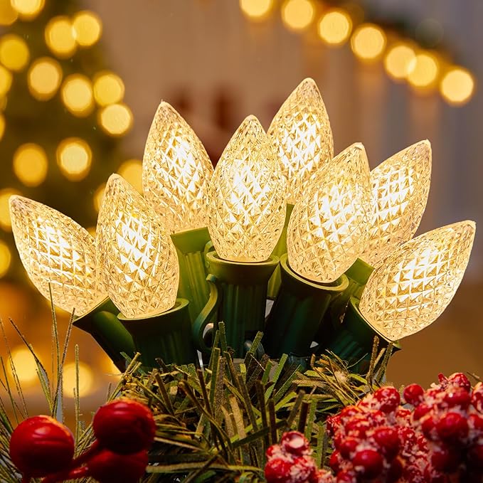Brightown C7 LED Warm White Christmas Lights Outdoor 100FT String with 100 Plastic Bulbs Traditional Hanging Holiday Lights for Christmas Tree Patio Fence Roofline Xmas Decorations