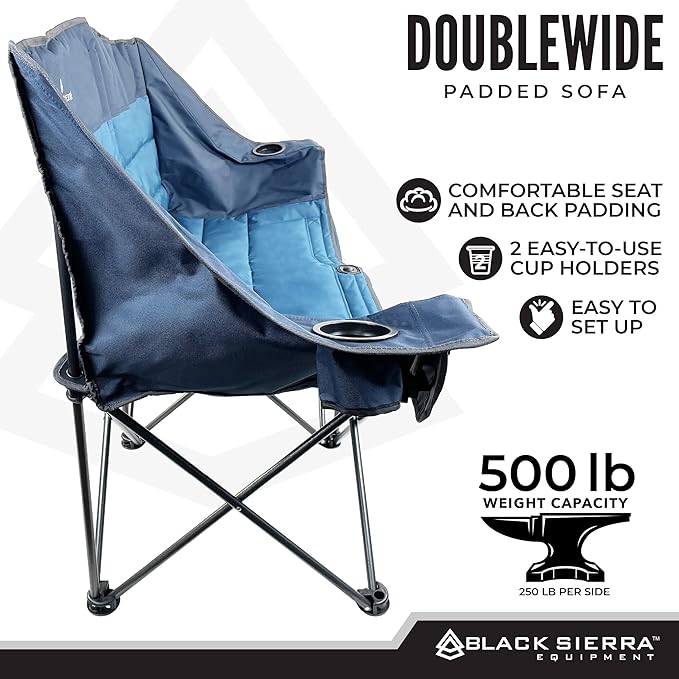 Black Sierra Double Padded Folding Camping Chair Oversized Folding Camp Sofa Portable Outdoor Loveseat Supports 500 lbs Perfect for Beach Tailgating RV Sports Patio