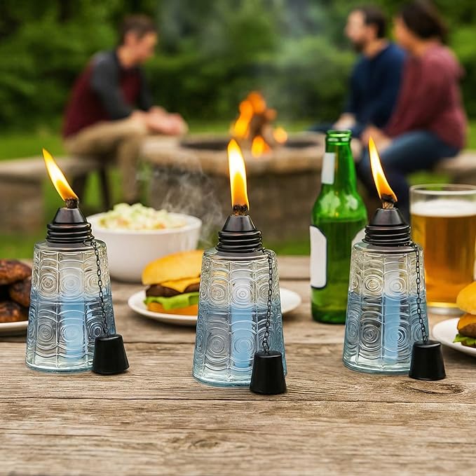 Seraphic Citronella Table Top Torches for Outdoor Patio 16oz Decorative Glass Torch Citronella Candles for Outside Deck Garden Parties Set of 3 Clear