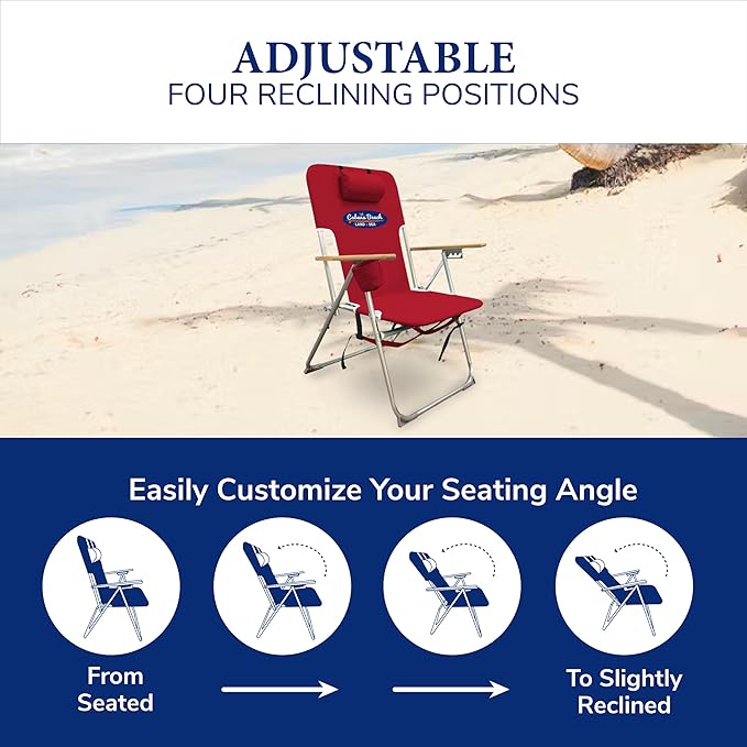Cabana Beach Folding Beach Chair 4 Position Portable Backpack Foldable Camping Accessories with Headrest Cup Holder and Wooden Armrests Tango Red
