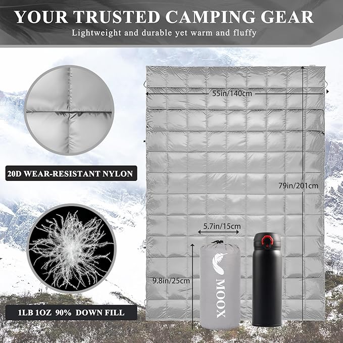 MOOX Down Camping Blanket Packable Backpacking Camping Quilt Outdoor Lightweight Warm Water Resistant Puffy Sleeping Bag Travel Hiking 55x79 Waterproof Camp Throw Blanket Gray Blue