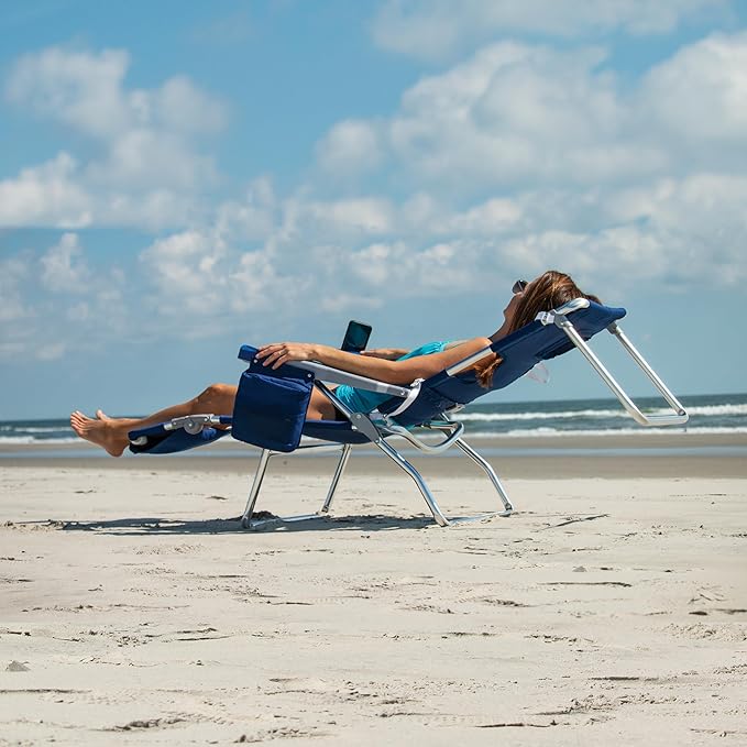 Tommy Bahama 4-Position Face-Opening Read Through Lounger with Ottoman Portable Folding Beach Chair Navy