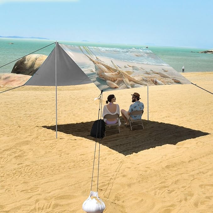 Sunny Beach Scene Beach Tent Sun Shelter 9.2' x 10.5' Beach Canopy with 4 Sandbags 4 Stability Poles Sand Shovels - Tent Canopy for Beach Camping Fishing Picnics