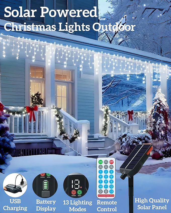 Solar Christmas Lights Outdoor 640LED 16Ft+60Ft Solar Icicle Lights Waterproof with 13 Modes Rechargeable for Outside Roof Fence Christmas Decorations