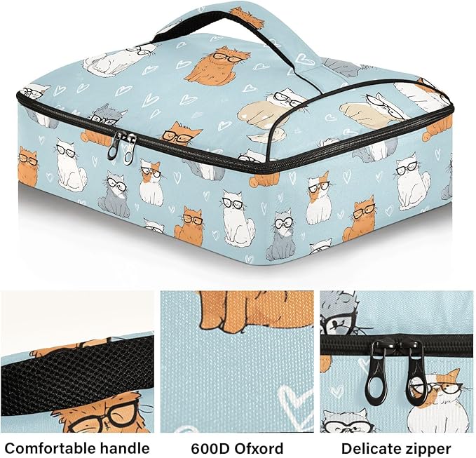Casserole Carrier Pattern Cute Cartoon Cat PrintInsulated Casserole Carrier for Hot or Cold Food Thermal Lunch Tote for Potluck Parties Picnic Beach Fits 9 x 13 Inches Baking Dish