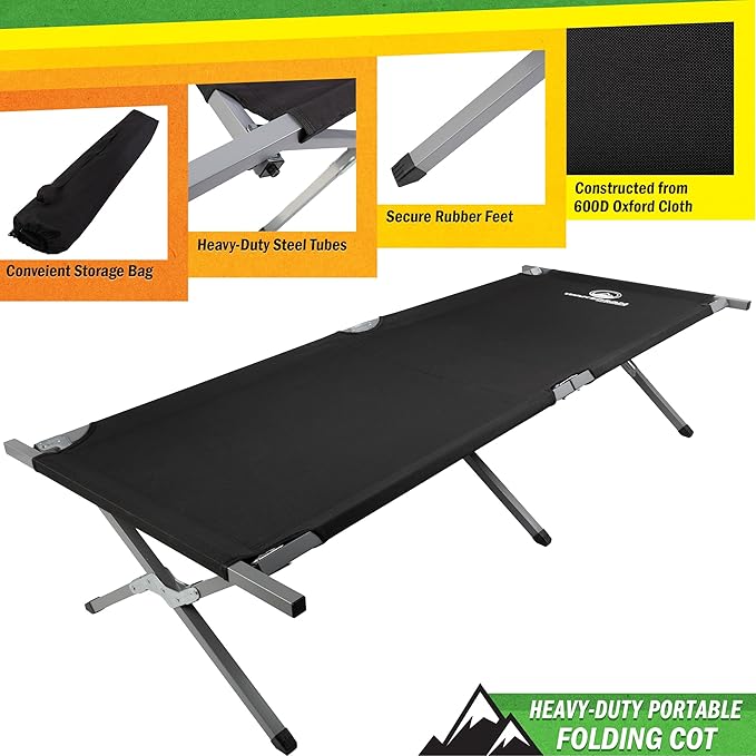 Camping Cot - Portable Folding Camp Bed - 600D Sleeping Cot for Adults with Steel Frame by Wakeman Outdoors (Black)