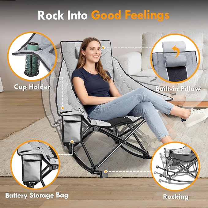 Slendor Oversized Heated Camping Chair with 2000mAh Battery Padded &amp Pillow Heated Rocking Chair 3 Adjustable Heat Settings Camping Rocker Chair for Easy Setup and Foldable Storage