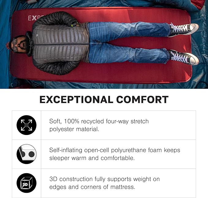 Exped MegaMat Max Duo Long Wide Plus - Self Inflating Plush Sleeping Mat 6” Foam Pad Pump Included