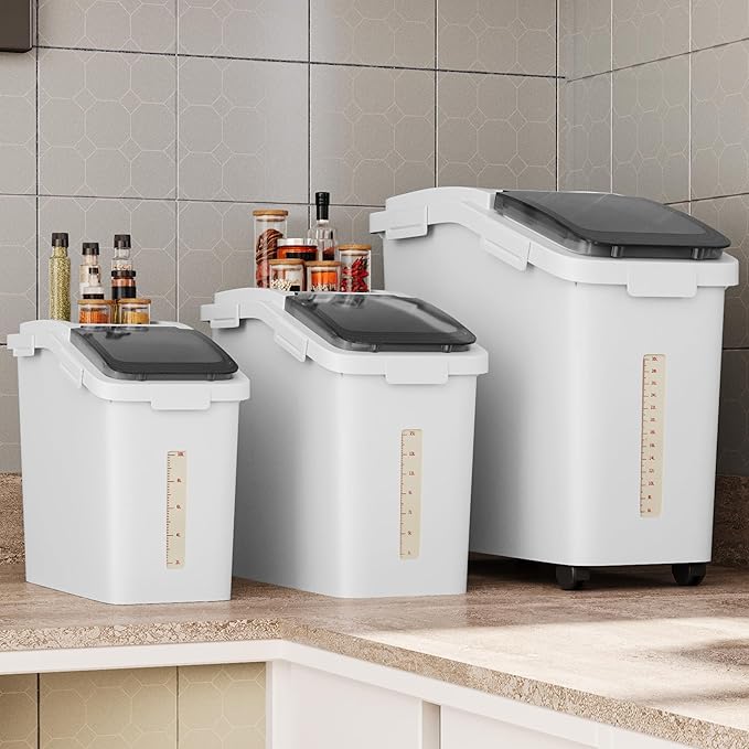 DWVO Large Ingredient Storage Bins 20.6 Gal(11.4+5.8+3.4 Gal) Flour Rice Food storage Containers Bins with Wheels Scoop and Airtight Lid for Dry Food Flour Cereal Grain Sugar White Pack of 3