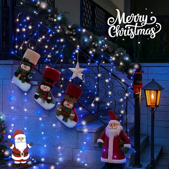 Extra-Long 144FT Solar String Lights for Outside 2 Pack 400LED Solar Fairy Lights Outdoor Waterproof Copper Wire with 8 Modes Solar Powered Twinkle Lights for Tree Party Xmas Decor (Blue and White)
