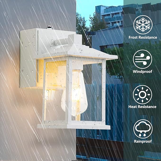 Outdoor Lights with GFCI Outlet Dusk to Dawn Front Porch Lantern Waterproof Exterior Light Fixture Mate White Outdoor Wall Sconce Wall Mount Outside Patio Lighting for House Garage