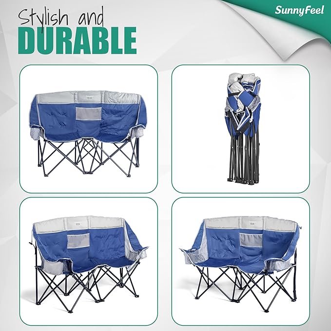 SunnyFeel Double Camping Loveseat Chair Blue-Cooler Foldable Portable Space Saving Side Pocket Cup Holders