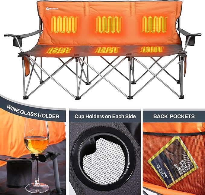 ANTARCTICA GEAR Heated Double Camping Chair with 12V 15000mAh Battery Pack - Heavy-Duty XL Folding Bench for Outdoor Campsites Tailgating - Portable Heated Seating with Adjustable Warmth