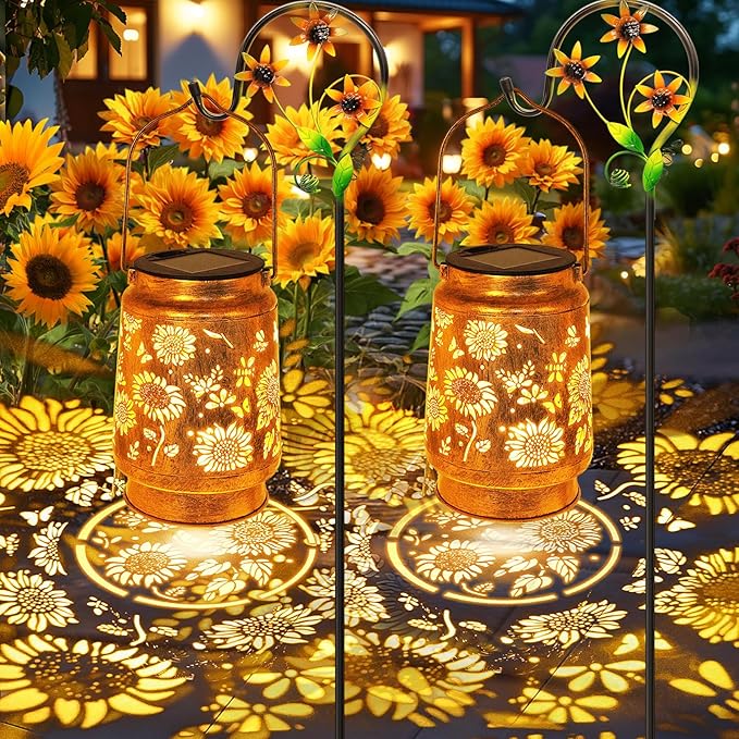 2 Pack Sunflower Solar Lanterns Garden Decor Gifts for Women Mom Grandma Birthday Metal Hanging Solar Lights Outdoor Waterproof LED Decoration with Shepherd Hook Outside for Yard Patio Lawn Porch