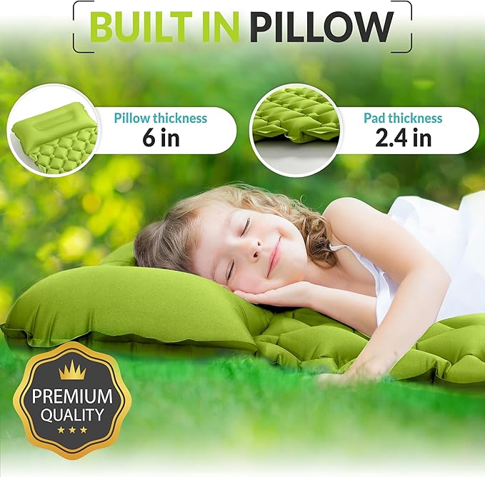 Kids Sleeping Pad for Camping and Sleepovers with Pillow Inflatable Camping Mattress for Backpacking &amp Travel Thick Toddler Cot Mat Fast Inflating Camping Sleeping Pads for Kids