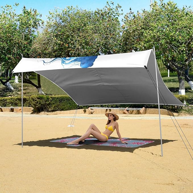 Watercolor Blue Mermaid Beach Tent Sun Shelter 9.2' x 10.5' Beach Canopy with 4 Sandbags 4 Stability Poles Sand Shovels - Tent Canopy for Beach Camping Fishing Picnics