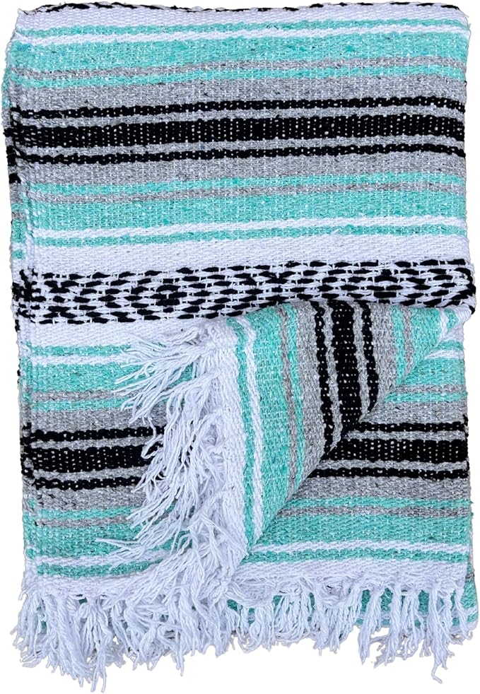 Del Mex Classic Mexican Blanket Large Authentic Woven Falsa Throw (70x50) Artisan Southwest Décor for Beach Yoga Outdoors (Mint/Gray)