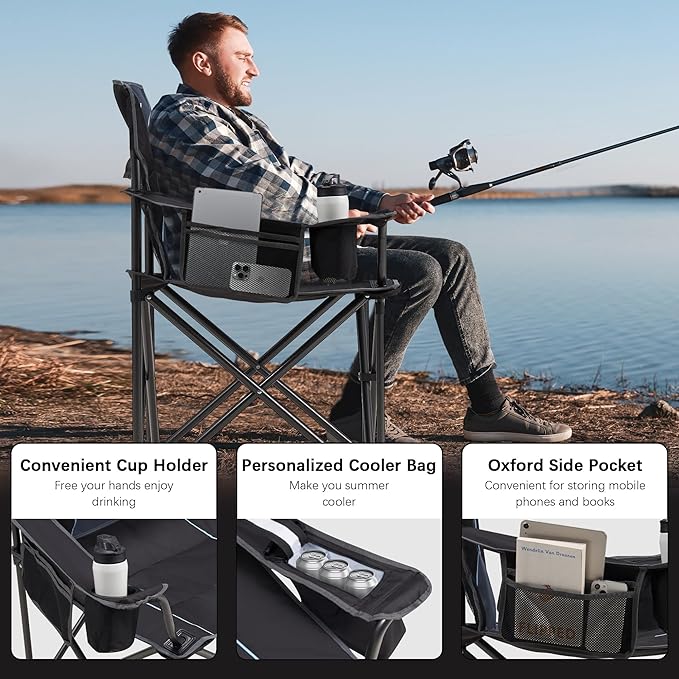 Oversized Folding Camping Chair for Adults - 450lbs Support - Heavy Duty Portable Lawn Chairs with Side Pocket Cup Holder Cooler Bag for Sports Garden Beach Fishing Black